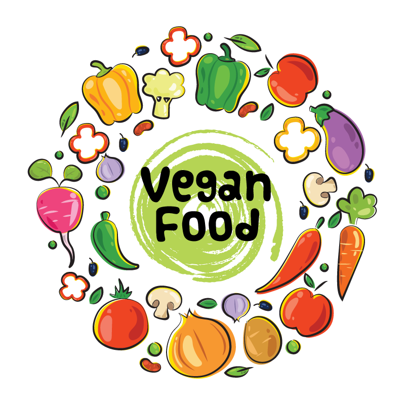 A circle of vegetables with the words vegan food written in it.